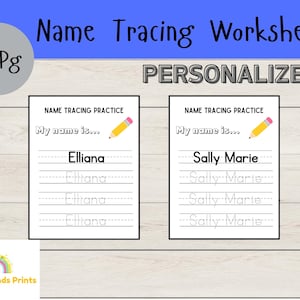 May include: Two printable name tracing worksheets for kids. Each worksheet features a yellow pencil and a line for writing the name "Elliana" or "Sally Marie".
