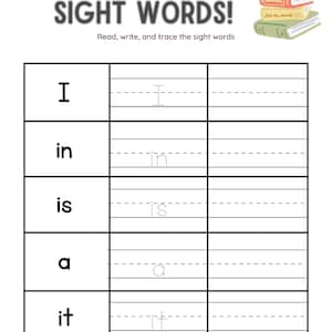 K&ouml;nnte beinhalten: Ein schwarz-wei&szlig;es Arbeitsblatt mit den Worten "Sight Words!" oben. Das Arbeitsblatt hat f&uuml;nf Zeilen mit den W&ouml;rtern "I", "in", "is", "a" und "it", die in Schwarz geschrieben sind. Jedes Wort wird von einem leeren Feld zum Nachzeichnen des Wortes gefolgt.