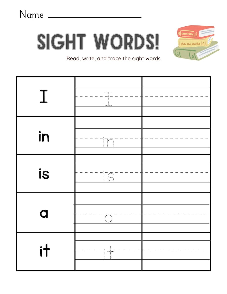 K&ouml;nnte beinhalten: Ein schwarz-wei&szlig;es Arbeitsblatt mit den Worten "Sight Words!" oben. Das Arbeitsblatt hat f&uuml;nf Zeilen mit den W&ouml;rtern "I", "in", "is", "a" und "it", die in Schwarz geschrieben sind. Jedes Wort wird von einem leeren Feld zum Nachzeichnen des Wortes gefolgt.