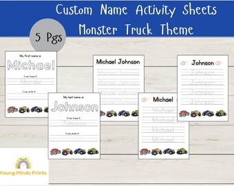 May include: Five printable worksheets featuring a monster truck theme. The worksheets include tracing and writing practice for the names "Michael" and "Johnson".