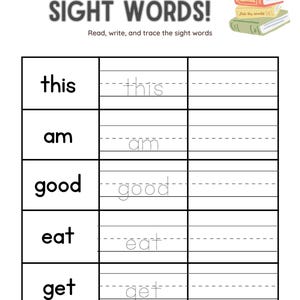 K&ouml;nnte beinhalten: Ein schwarz-wei&szlig;es Arbeitsblatt mit dem Titel "Sight Words!" und der Anweisung "Lies, schreibe und zeichne die Sichtw&ouml;rter nach". Das Arbeitsblatt hat f&uuml;nf Zeilen mit den W&ouml;rtern "this", "am", "good", "eat" und "get", die in der linken Spalte stehen. Die W&ouml;rter werden in der rechten Spalte mit leeren Zeilen zum Nachzeichnen wiederholt.