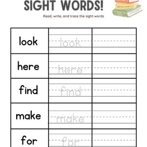 K&ouml;nnte beinhalten: Ein schwarz-wei&szlig;es Arbeitsblatt mit den Worten "SIGHT WORDS!" oben. Das Arbeitsblatt hat f&uuml;nf Zeilen mit den W&ouml;rtern "look", "here", "find", "make" und "for", die in Schwarz geschrieben sind. Jedes Wort wird von einem leeren Feld zum Nachzeichnen des Wortes gefolgt.