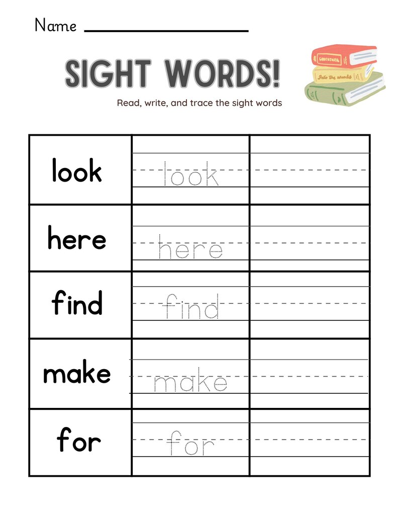 K&ouml;nnte beinhalten: Ein schwarz-wei&szlig;es Arbeitsblatt mit den Worten "SIGHT WORDS!" oben. Das Arbeitsblatt hat f&uuml;nf Zeilen mit den W&ouml;rtern "look", "here", "find", "make" und "for", die in Schwarz geschrieben sind. Jedes Wort wird von einem leeren Feld zum Nachzeichnen des Wortes gefolgt.