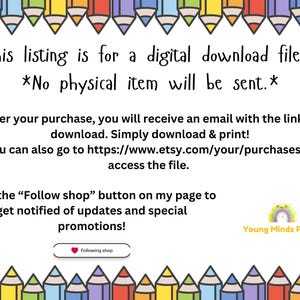 K&ouml;nnte beinhalten: Eine digitale Download-Datei f&uuml;r ein druckbares Design. Der Text auf dem Bild lautet "This listing is for a digital download file. *No physical item will be sent.* After your purchase, you will receive an email with the link to download. Simply download & print! You can also go to https://www.etsy.com/your/purchases to access the file. Click the "Follow shop" button on my page to get notified of updates and special promotions!" Das Bild enth&auml;lt auch einen bunten Bleistift-Rand und ein Logo mit der Aufschrift "Young Minds Prints".