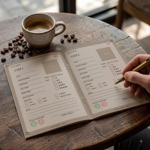 May include: An open beige coffee passport booklet with printed fields for cafe name, location, date, rating, price, and notes. The pages feature checkboxes for ambiance and a section for a photo. A gold pen rests on the page next to a coffee cup.