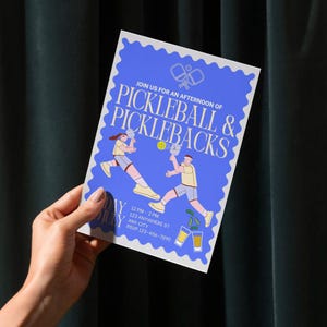 Invitación para fiesta de pepinillos / Plantilla editable y personalizable de Pickleball y Picklebacks para celebraciones divertidas. Invitación para amantes de los cócteles y el whisky.