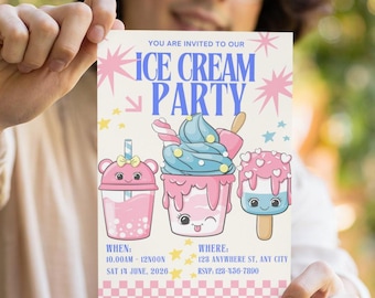 Ice Cream Birthday Invitation Template | Fun Ice Cream Party Invite, Editable & Customizable for Kids, Kawaii Design, Bright Celebration