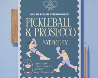 ピックルボール＆プロセッコパーティー招待状：編集可能なテンプレート（デジタルダウンロード）
