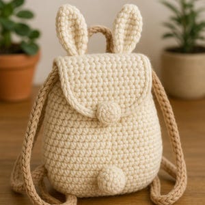 Peut inclure: Un sac à dos en crochet crème avec des oreilles de lapin et une fermeture à rabat ronde. Le sac à dos a des bretelles tressées et un petit détail de queue ronde. Le sac est en fil doux et convient aux enfants.