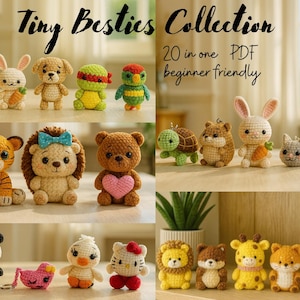 Może przedstawiać: Kolekcja ręcznie robionych zabawek amigurumi na szydełku, w tym tygrys, panda, miś, królik i inne. Zabawki są w różnych kolorach i mają szczegółowe wzory. Tekst "Tiny Besties Collection" jest wyświetlany u góry.