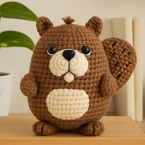 May include: A handmade crochet beaver toy in shades of brown and cream. The plush animal has a round body, a flat tail, and a cream-colored belly. The beaver is sitting on a wooden box, with a plant and other decor in the background.