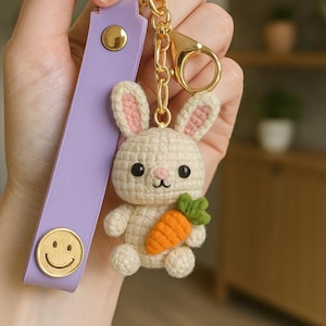 Könnte beinhalten: Ein handgefertigter Schlüsselanhänger mit einem gehäkelten Hasen, der eine Karotte hält. Der Hase ist cremefarben mit rosa Akzenten und schwarzen Augen. Er hängt an einem goldfarbenen Verschluss und einem lila Riemen mit einem goldenen Knopf und einem Smiley.