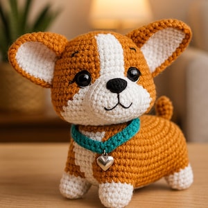 Puede incluir: Un perro corgi tejido a ganchillo con hilo naranja y blanco. El perro tiene orejas grandes y erguidas, una nariz negra y un collar turquesa con un colgante de corazón plateado. El juguete está hecho a mano y está sobre una superficie de madera.