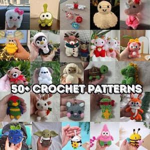 May include: A collection of various crochet patterns, including animals and keychains. The image features a tooth with a pink bow, a turtle, a dinosaur, and a bee. The text "50+ CROCHET PATTERNS" is displayed.