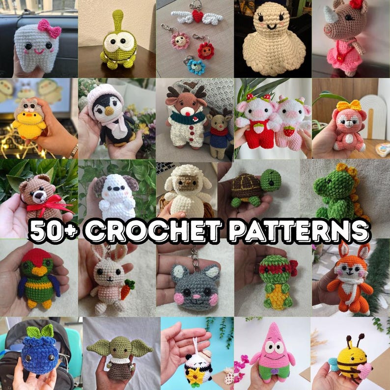 May include: A collection of various crochet patterns, including animals and keychains. The image features a tooth with a pink bow, a turtle, a dinosaur, and a bee. The text "50+ CROCHET PATTERNS" is displayed.