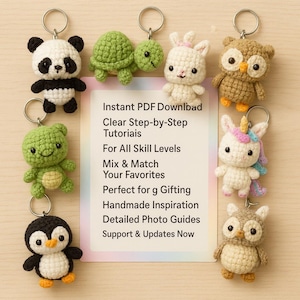 May include: A collection of handmade crochet keychains featuring various animal designs, including a panda, turtle, bunny, owl, unicorn, and penguin. The keychains are attached to silver keyrings and are displayed on a light wooden surface. Text on a white card reads "Instant PDF Download".