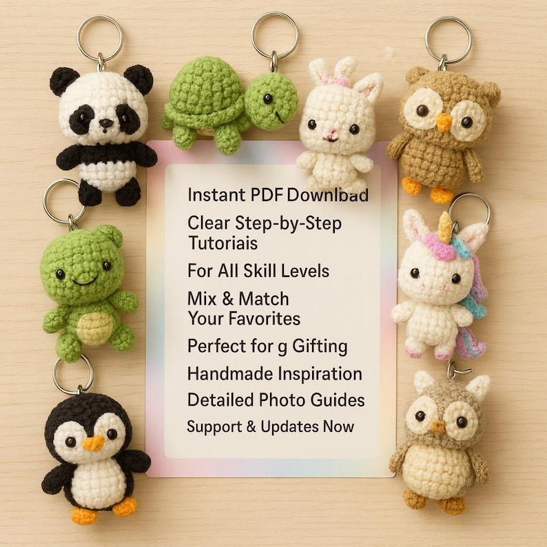 May include: A collection of handmade crochet keychains featuring various animal designs, including a panda, turtle, bunny, owl, unicorn, and penguin. The keychains are attached to silver keyrings and are displayed on a light wooden surface. Text on a white card reads "Instant PDF Download".