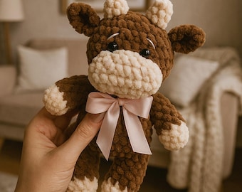 Crochet Cow Plush Pattern – DIY Amigurumi Farm Animal with Bow (PDF Pattern)