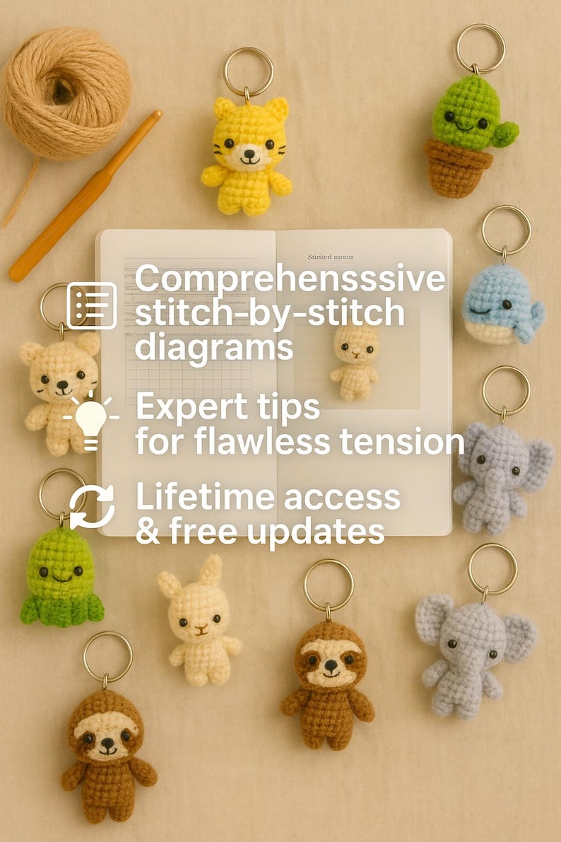 May include: A collection of handmade crochet animal keychains, including a yellow tiger, a green cactus, a blue whale, and a gray elephant. The image also shows a notebook with text: "Comprehensssive stitch-by-stitch diagrams, Expert tips for flawless tension, Lifetime access & free updates."