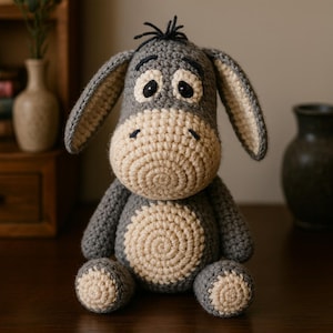 May include: A handmade crochet donkey plush toy in gray and beige. The donkey has large, expressive eyes, long ears, and a spiral design on its belly. The toy is sitting upright, showcasing its soft, textured appearance.