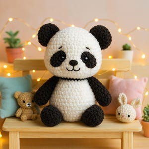 Puede incluir: Un oso panda de ganchillo en blanco y negro, sentado en un banco de madera. El panda tiene ojos, orejas y extremidades negras. Un pequeño oso de peluche y un conejito de ganchillo también están en el banco, junto con una almohada rosa y pequeñas plantas en macetas.