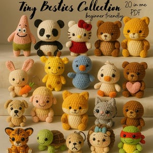 Puede incluir: Una colección de 20 animales amigurumi de ganchillo, incluyendo un panda, un oso, un conejo y una tortuga. Los juguetes son de varios colores, como blanco, marrón, amarillo y azul. El texto "Tiny Besties Collection" y "beginner friendly" están en la parte superior.