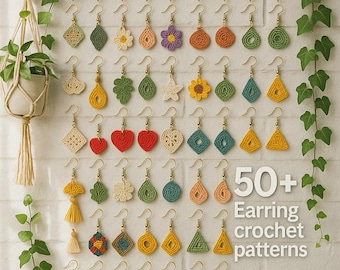 May include: A collection of 50+ crochet earring patterns in various shapes and colors, including flowers, hearts, and geometric designs. The earrings are displayed on a white brick wall with gold-colored earring hooks. The text "50+ Earring crochet patterns" is visible.
