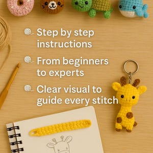 May include: A collection of handmade crochet keychains in the shape of a donut, bear, turtle, whale, and giraffe. The keychains are in various colors, including pink, brown, green, blue, and yellow. A notebook with a giraffe sketch and text is also visible.