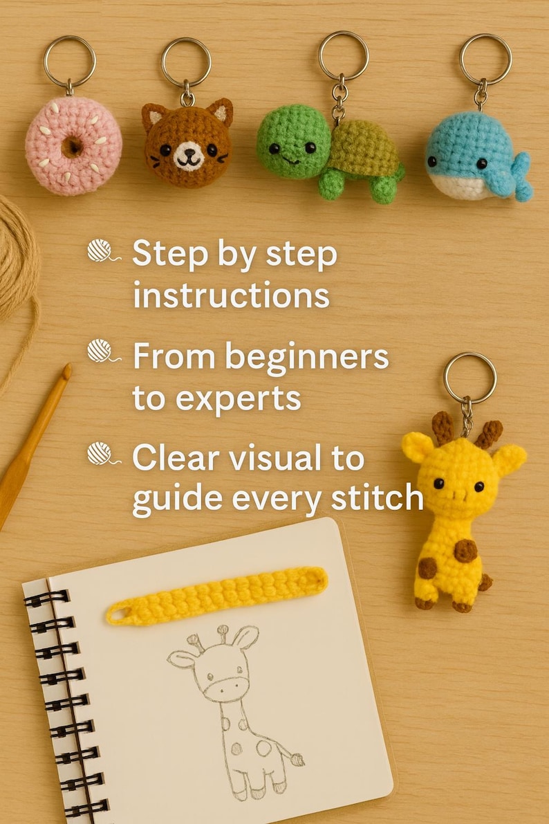 May include: A collection of handmade crochet keychains in the shape of a donut, bear, turtle, whale, and giraffe. The keychains are in various colors, including pink, brown, green, blue, and yellow. A notebook with a giraffe sketch and text is also visible.