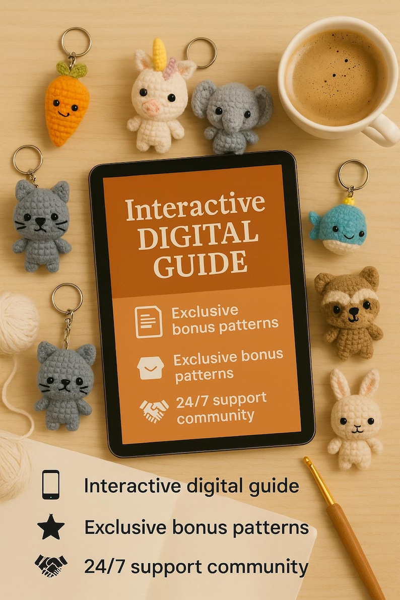 May include: A collection of handmade crochet keychains, including a carrot, unicorn, elephant, cat, whale, bear, and bunny. A tablet displays "Interactive DIGITAL GUIDE" with bonus patterns and support. A cup of coffee and crochet hook are also present.