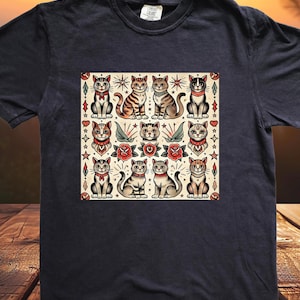 Vintage Tattoo Cat T-Shirt - Traditional Flash Art Style with Unique Retro Cats, Flowers, and Stars - Gift for Cat Lovers and Retro Fans
