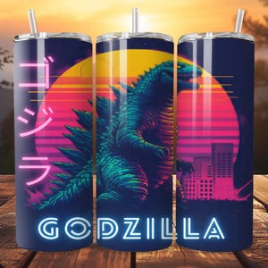 Retro Godzilla PNG Tumbler Wrap, Vintage Japanese Monster Movie Poster Design, Neon Sunset King of Monsters Sublimation File