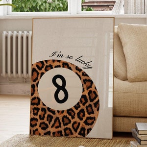 Trendy leopard print 8 ball poster, Preppy 8 ball wall art, Retro bar cart art, Lucky you art print, Funky aesthetic decor, Digital download