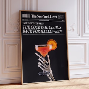 Halloween newspaper art print, Trendy cocktail poster, Trendy Bar cart art, Halloween decor, Magazine cover aesthetic, Digital download