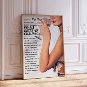 Trendy newspaper art print, Femme fatale wall art, Retro bar cart art, Trendy Champagne poster, Magazine cover aesthetic, Digital download