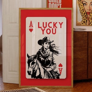 Western playing card art print, Trendy cowgirl wall art, Ace of hearts poster, Lucky you print, Funky wall decoration, Digital download