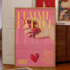 Trendy Femme Fatale art print, Retro magazine cover wall art, Preppy pink poster, Trendy red heart print, Retro Aesthetic, Digital Download