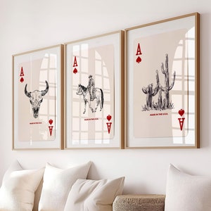 Lot de 3 impressions d'art de cartes à jouer western vintage, art mural Cowboy, art mural Cowgirl, décoration murale sud-ouest, ensemble tendance, téléchargement numérique