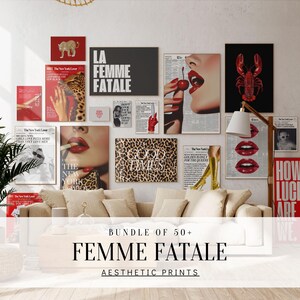 Bundle of 50 Femme Fatale prints, Trendy girly newspaper wall art, Lucky 8 ball decor, Leopard print, Maximalist wall set, Digital download
