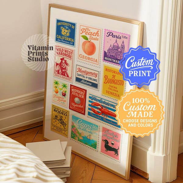 Impression d'art de tampons personnalisés, Art mural typographique personnalisé, Affiche rétro, Cadeau de voyage personnalisé, Cadeau tendance, Cadeau pour lui/elle, Téléchargement numérique