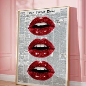 Trendy glittered lips print, Vintage newspaper wall art, Retro bar cart art, Kiss poster, Girly poster, Retro aesthetic, Digital download