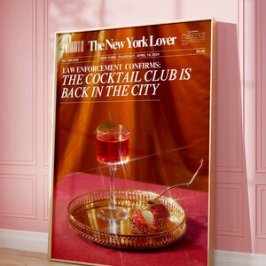 Trendy newspaper art print, The cocktail club is back, Trendy cocktail poster, Retro bar cart, Magazine cover aesthetic, Digital download