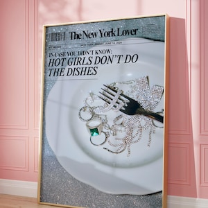 Trendy girly newspaper art print, Trendy girly poster, Retro bar cart art, Retro newspaper print, Magazine cover aesthetic, Digital download