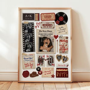 Op de afbeelding: Een collageposter met een luciferdoosje met A+K 10-09-24, een bioscoopkaartje, een vinylplaat, een krant genaamd The Love Times met een koppel, een filmstrip, een bonnetje met Meeting U was a nice accident, speelkaarten, een hartvormig medaillon en een luciferdoosje met The Perfect Match.
