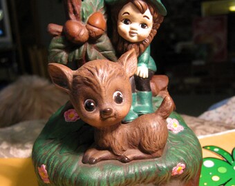 Hand Painted Ceramic Leprechaun Fawn Music Box