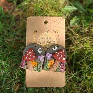Mushroom Cottagecore Earrings: Handmade Clay Toadstools, Gold Plated