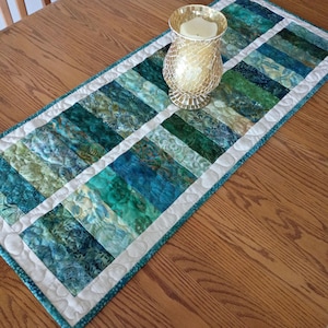 Quilted Table Runner, Large Batik Runner, Batik Patchwork Quilted Runner, 17  x 40 1/2 inches
