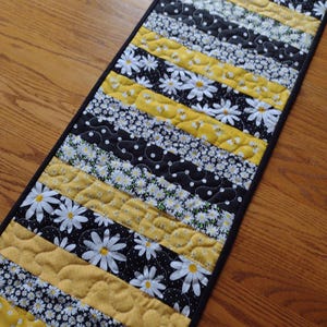 Quilted Table Runner, Daisies and Bees Quilted Table Runner, Yellow and Black Quilted Runner, 13 1/2 x 40 inches