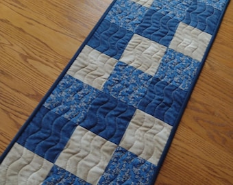 Quilted Table Runner, Blue and Tan Table Runner, Runner, 13 1/2 x 39 inches