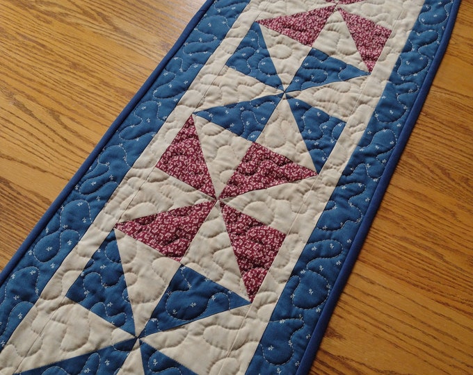 Quilted Table Runner Navy Blue and Rustic Red Pinwheel Etsy